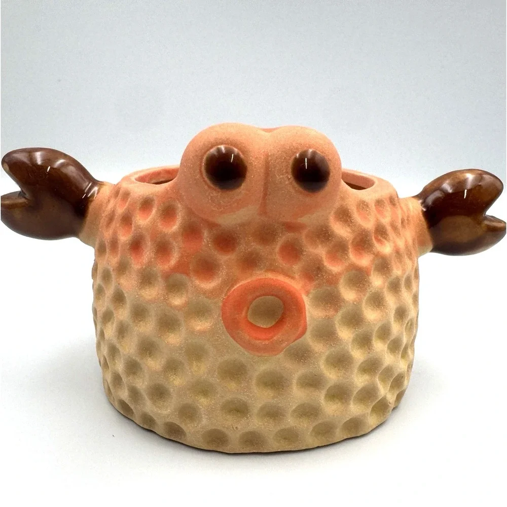 Ceramic Puffer Fish Planter Pot Blowfish Orange Brown Textured Coastal Decor